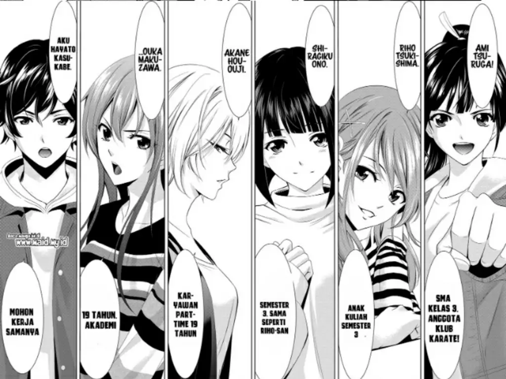 Panel-panel Manga Megami no Cafe Panel-panel manga Megami no Cafe yang menunjukkan ekspresi dan interaksi karakter