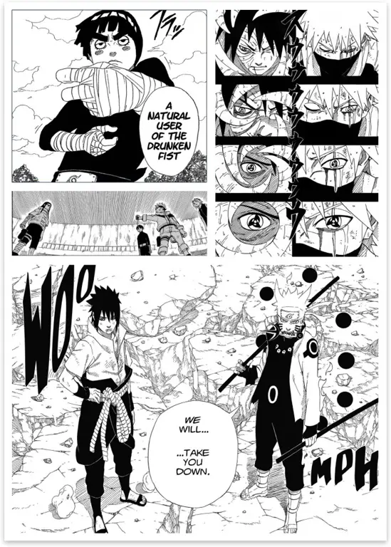 Panel-panel manga Naruto yang menampilkan berbagai adegan dan karakter.