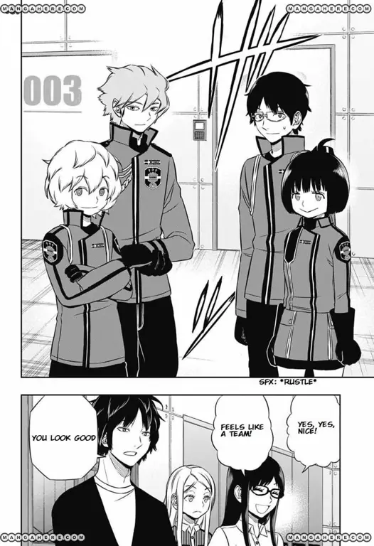 Gambar panel-panel manga World Trigger yang dinamis