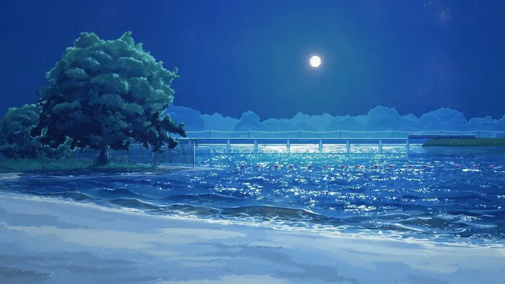 Background pantai anime di malam hari dengan suasana tenang