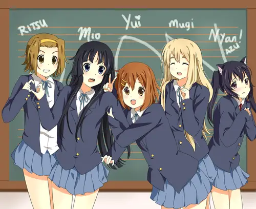 Gambar para karakter K-On! yang sedang berlatih musik bersama.