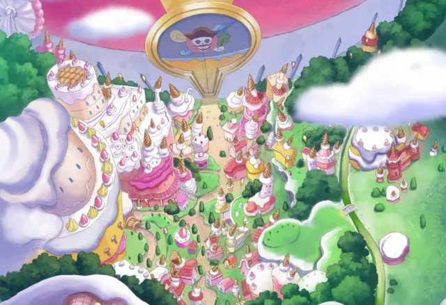 Gambar para karakter One Piece di arc Whole Cake Island.