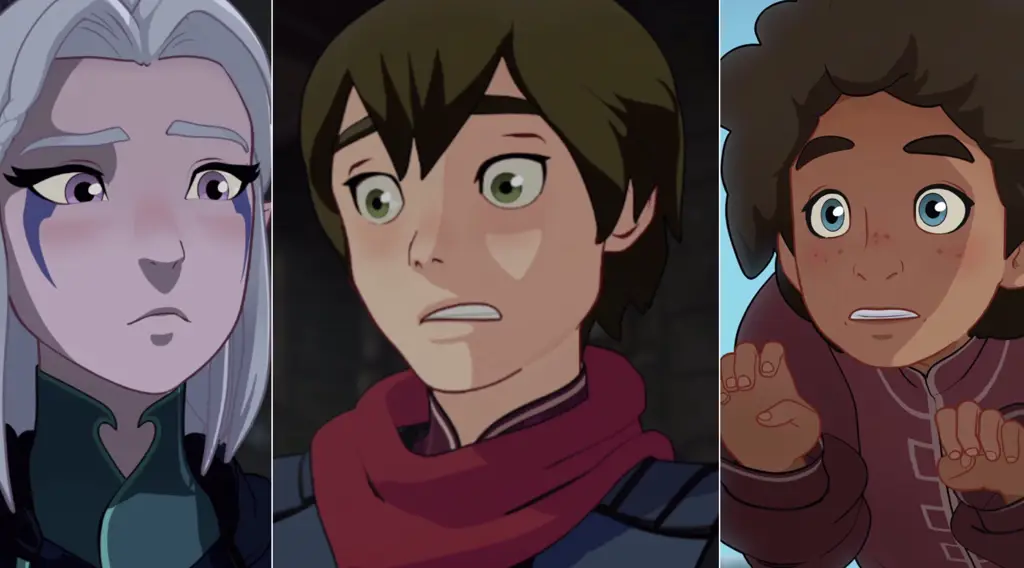 Para karakter utama dalam episode ke-10 Karakter-karakter utama dalam serial The Dragon Prince