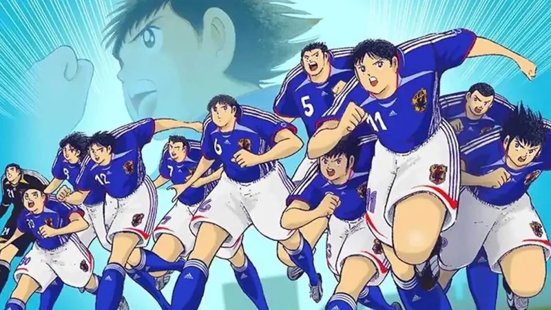 Gambar kunci dari Captain Tsubasa Season 2 yang menampilkan Tsubasa dan teman-temannya