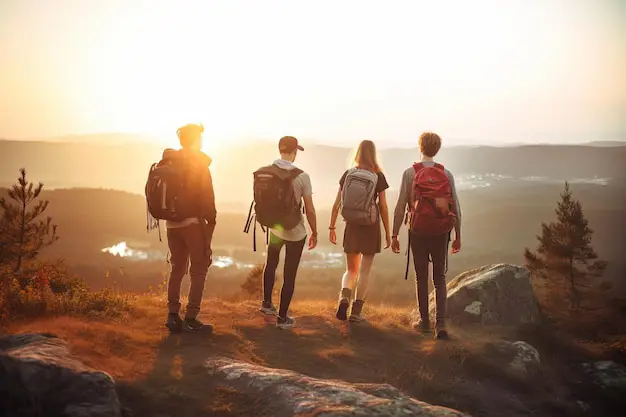 Sebuah kelompok teman sedang mendaki gunung