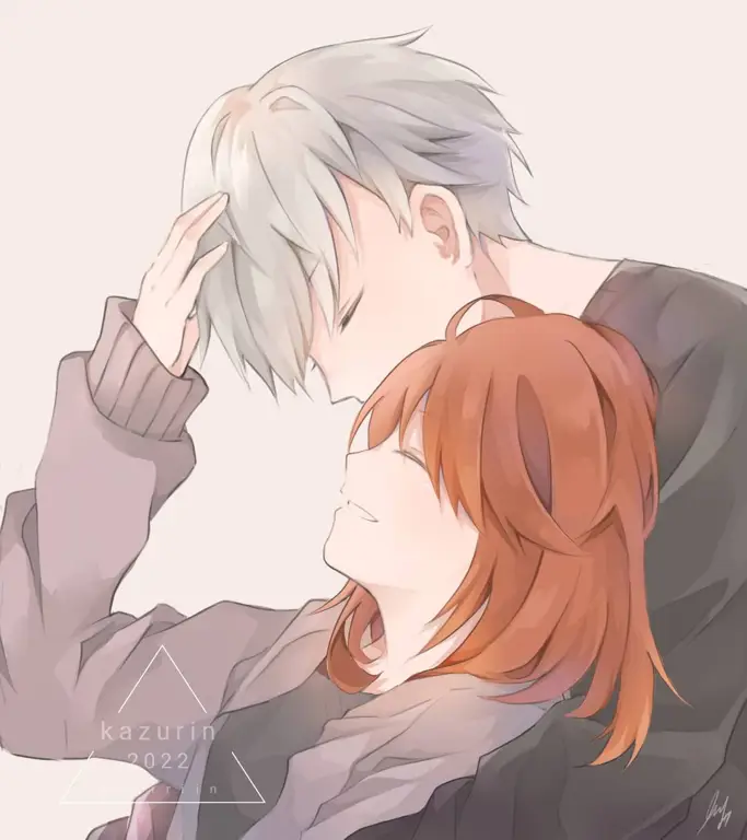 Pasangan anime dalam ilustrasi yang romantis Ilustrasi pasangan anime yang sedang berpelukan