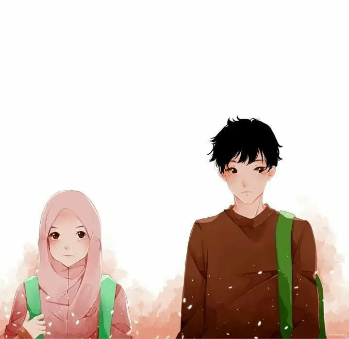 Pasangan anime dengan gaya modern mengenakan hijab