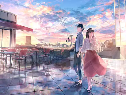 Gambar pasangan anime romantis dengan latar matahari terbenam