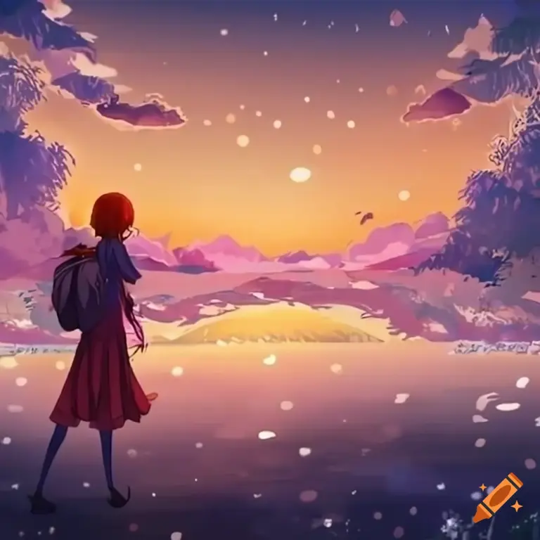 Gambar pasangan anime romantis dengan latar pemandangan yang indah