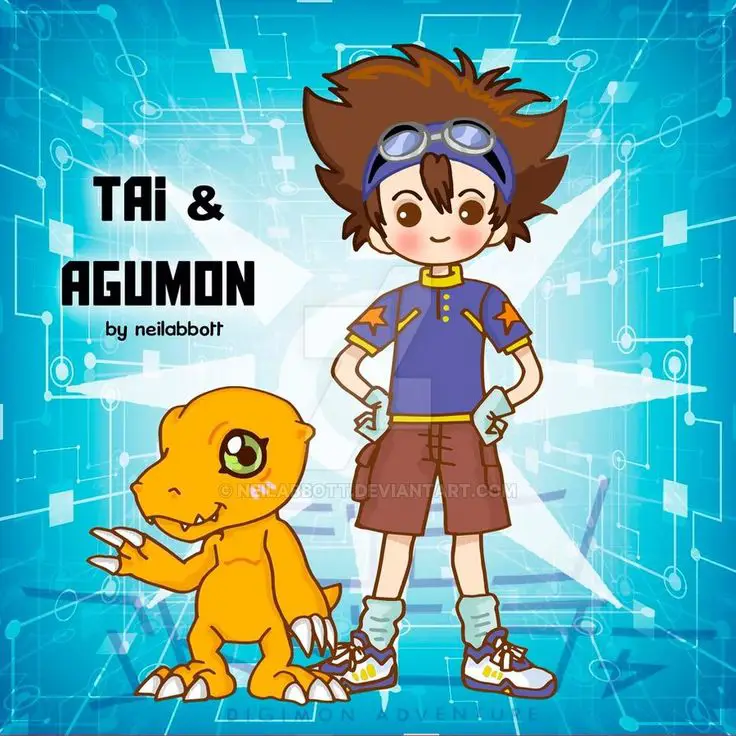 Agumon dan Tai sedang berpose bersama