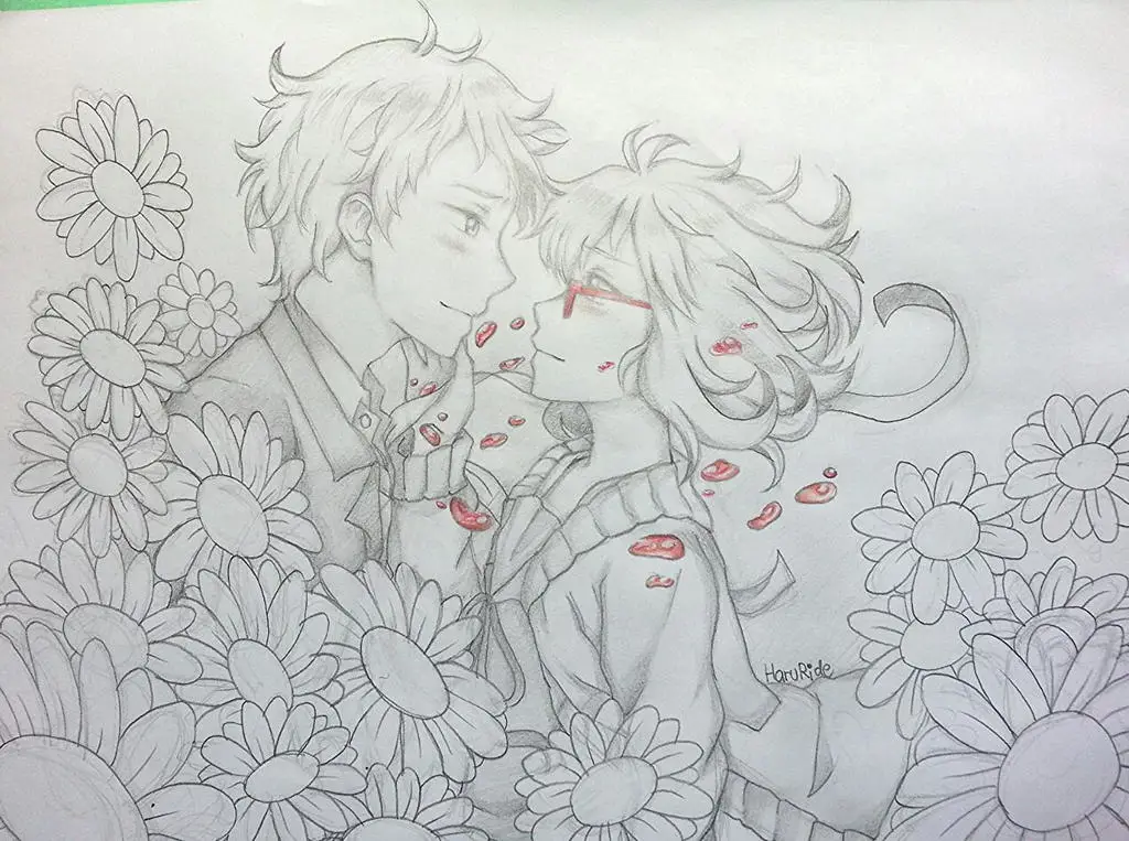 Gambar Akihito dan Mirai dari Kyoukai no Kanata