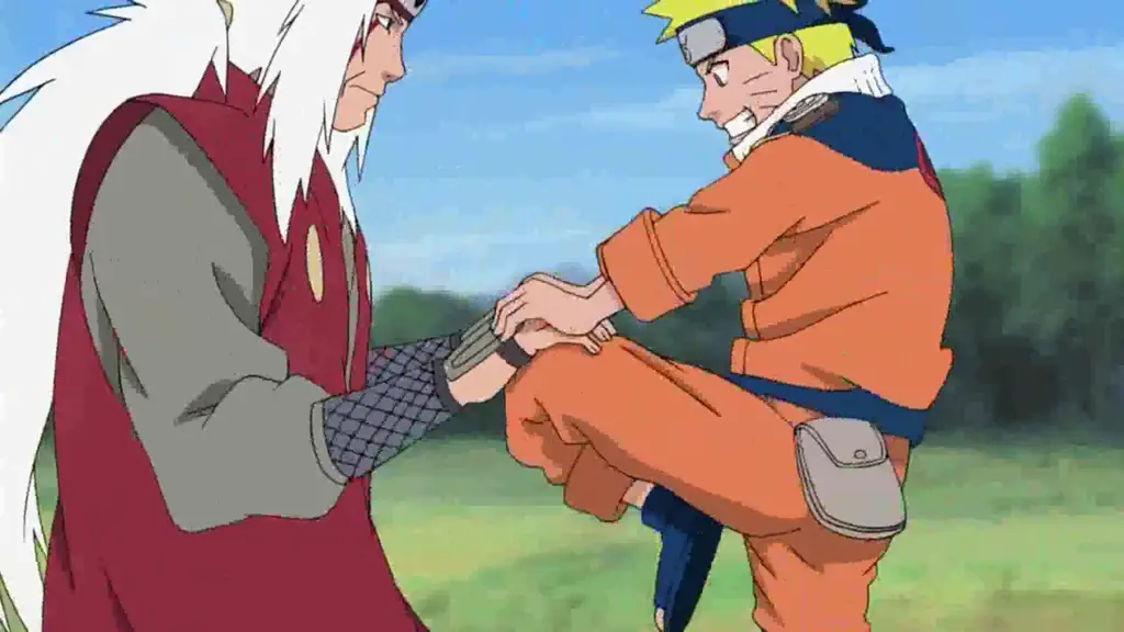 Jiraiya melatih Naruto dengan keras.