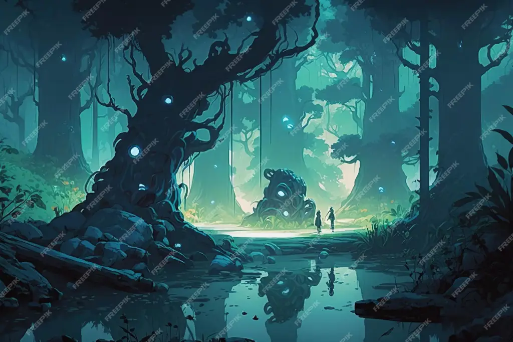 Gambar pemandangan hutan mistis di anime