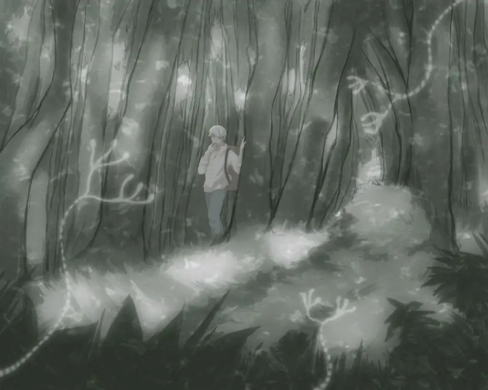 Gambar pemandangan alam yang indah dalam anime Mushishi.