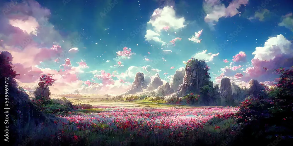 Pemandangan anime dengan langit biru cerah