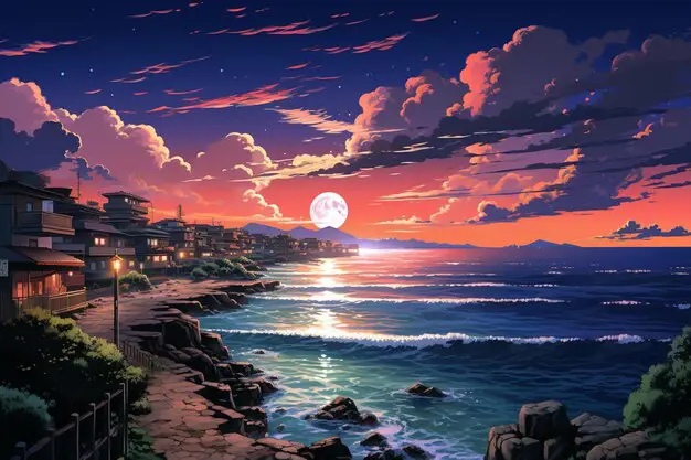 Gambar pemandangan pantai senja dalam anime