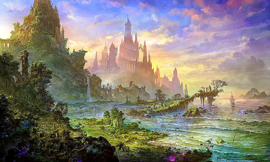 Pemandangan Dunia Isekai yang Menawan Ilustrasi pemandangan dunia fantasi yang indah