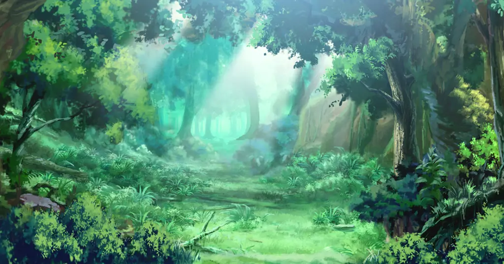 Gambar pemandangan hutan yang damai dari anime