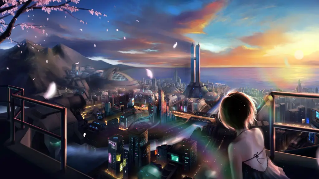 Gambar pemandangan kota futuristik bergaya anime dalam 3D