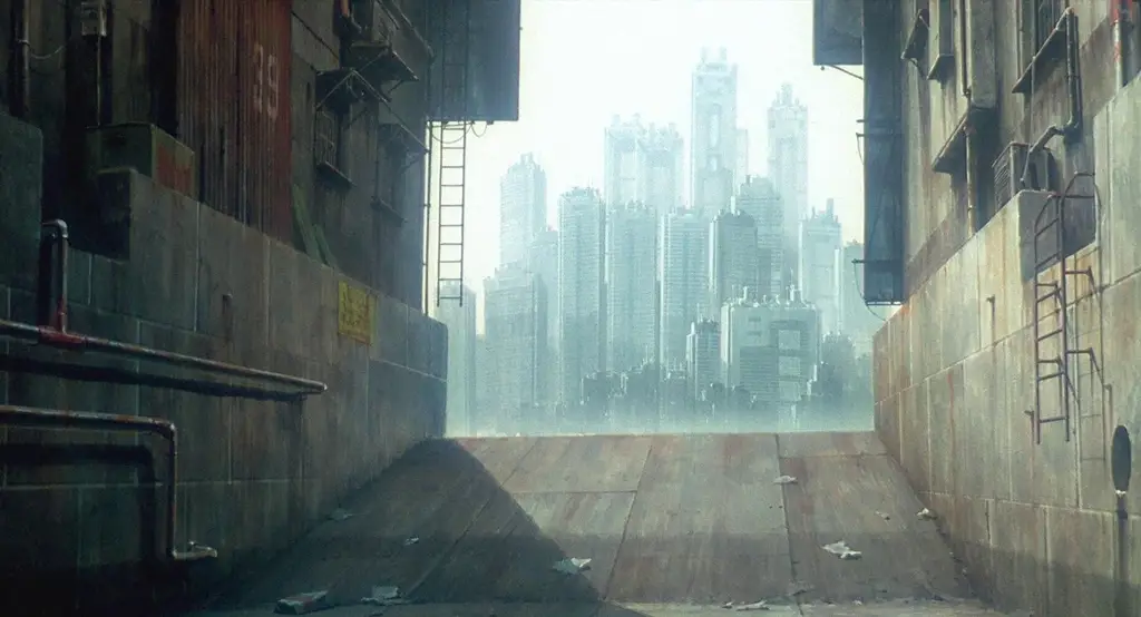 Gambar pemandangan kota cyberpunk dari Ghost in the Shell