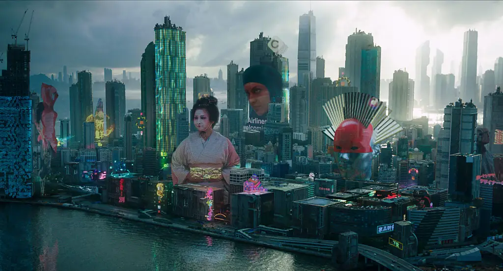 Gambar kota cyberpunk futuristik dalam film Ghost in the Shell