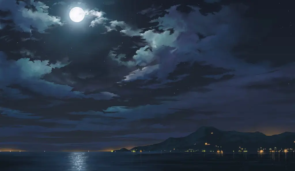 Pemandangan malam yang indah dengan bulan purnama, seperti yang sering terlihat di anime