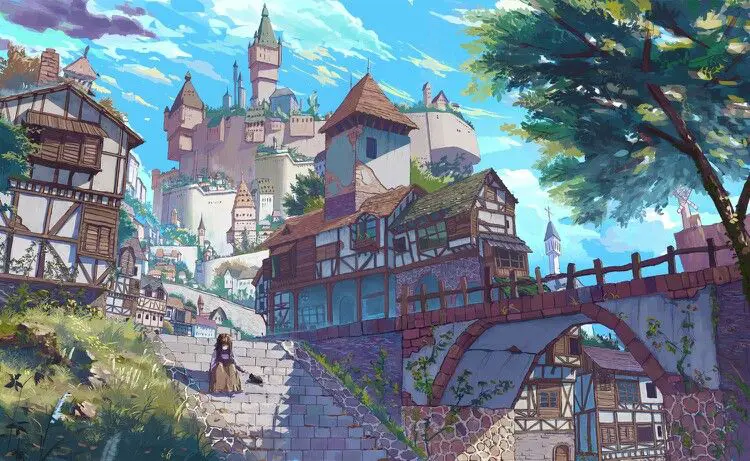 Pemandangan menakjubkan di dunia isekai Gambar pemandangan indah dari dunia isekai dalam anime Tsuki ga Michibiku Isekai Douchuu