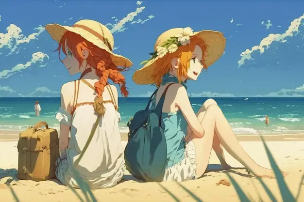 Gambar pemandangan pantai anime dengan gadis-gadis imut