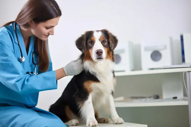 Dokter hewan memeriksa kaki anjing