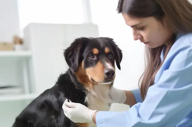 Dokter hewan memeriksa seekor anjing