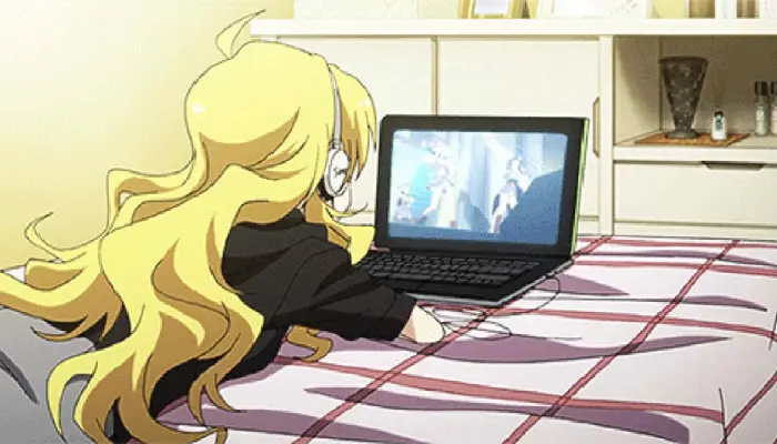 Karakter anime menonton anime di tablet