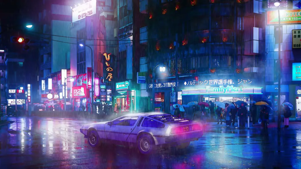 Pemandangan anime cyberpunk yang futuristik dan gelap