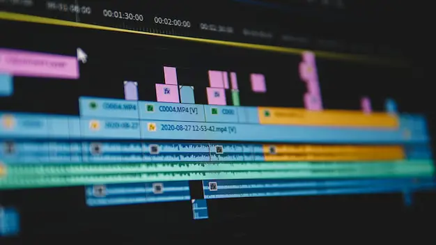 Contoh timeline pengeditan video dengan trek video dan trek audio.