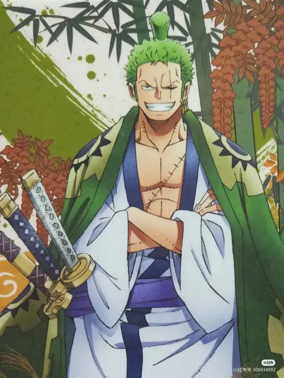 Gambar Roronoa Zoro dengan keterangan pengisi suara versi Funimation