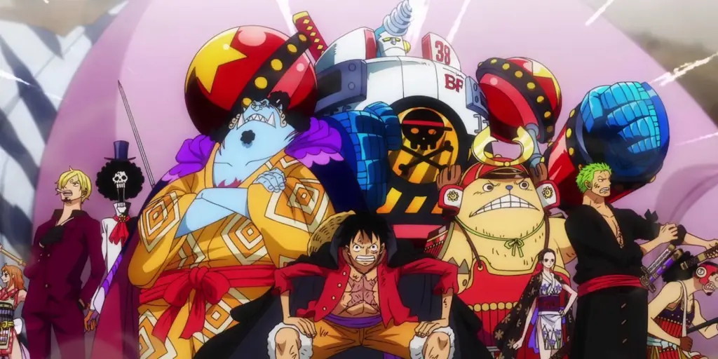 Luffy dan kru Topi Jerami sedang merayakan