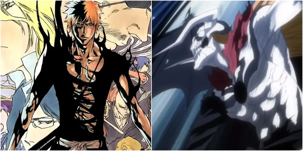 Gambar yang membandingkan adegan anime Bleach dengan manga aslinya