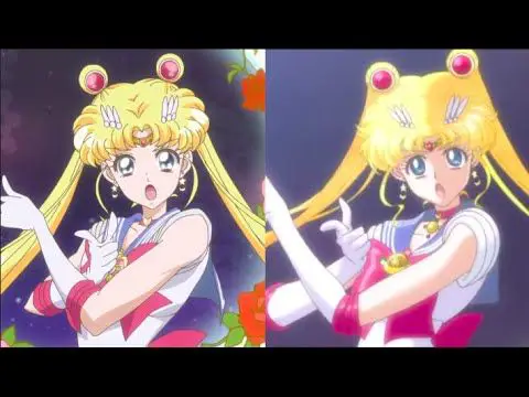 Gambar perbandingan gaya animasi Sailor Moon klasik dan Sailor Moon Crystal