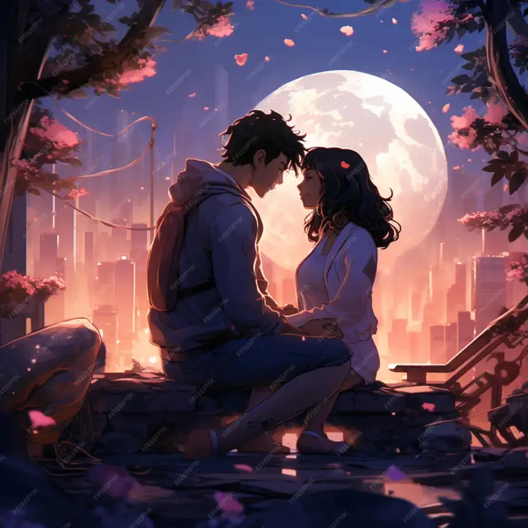 Percakapan Hangat di Antara Pasangan Pasangan anime duduk dan berbincang dengan penuh kehangatan.