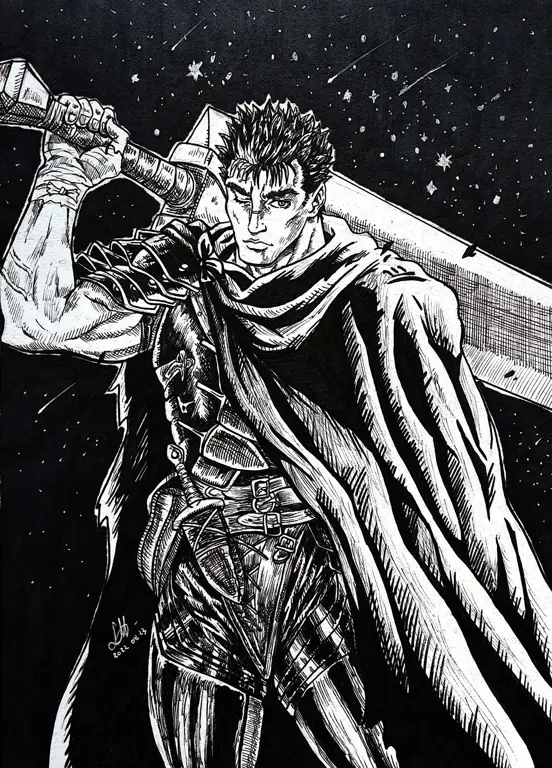 Gambar Guts, protagonis utama dalam Berserk, sedang bertarung