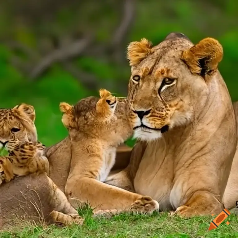 Singa betina dengan anak-anaknya