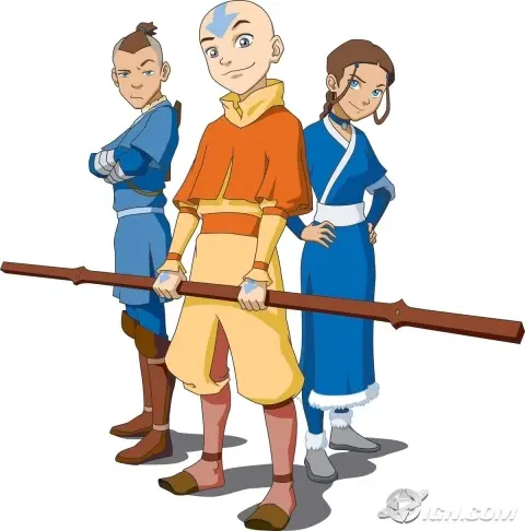 Aang, Katara, dan Sokka, tiga karakter utama dalam Avatar: The Last Airbender.