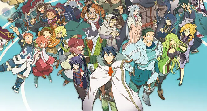 Shiroe, Naotsugu dan Akatsuki bersama teman-temannya di Log Horizon