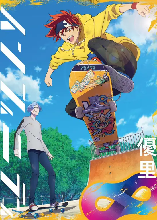 Karakter-karakter anime sedang bermain skateboard