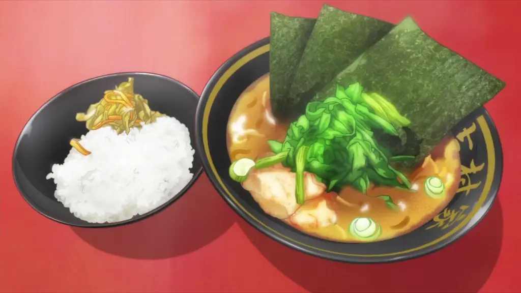 Gambar Koizumi Sanae bersama teman-temannya sedang menikmati ramen.