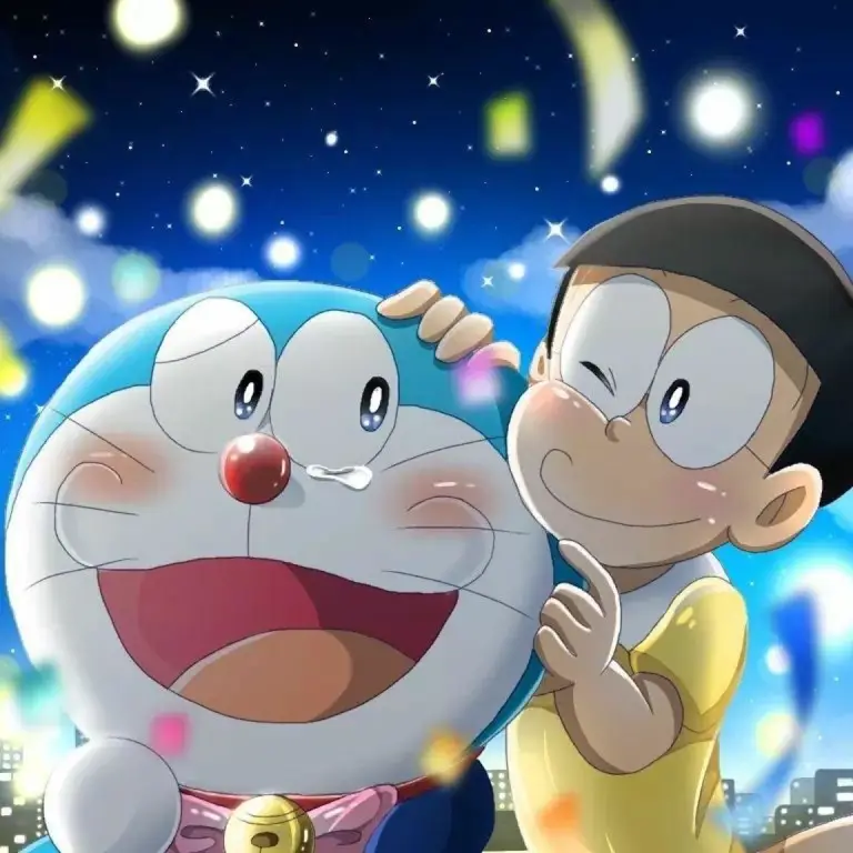 Gambar Doraemon dan Nobita sedang bermain bersama