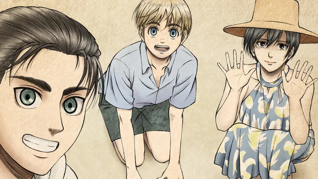Persahabatan Eren, Mikasa, dan Armin Potret Eren, Mikasa, dan Armin dalam episode 1 Attack on Titan