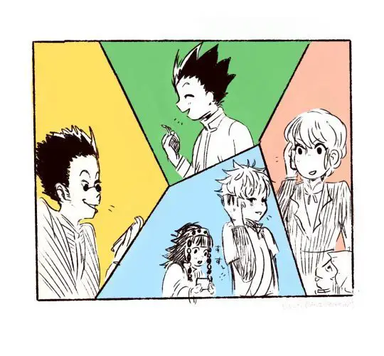 Gambar Gon, Killua, Leorio, dan Kurapika sebagai karakter utama dalam anime Hunter x Hunter.