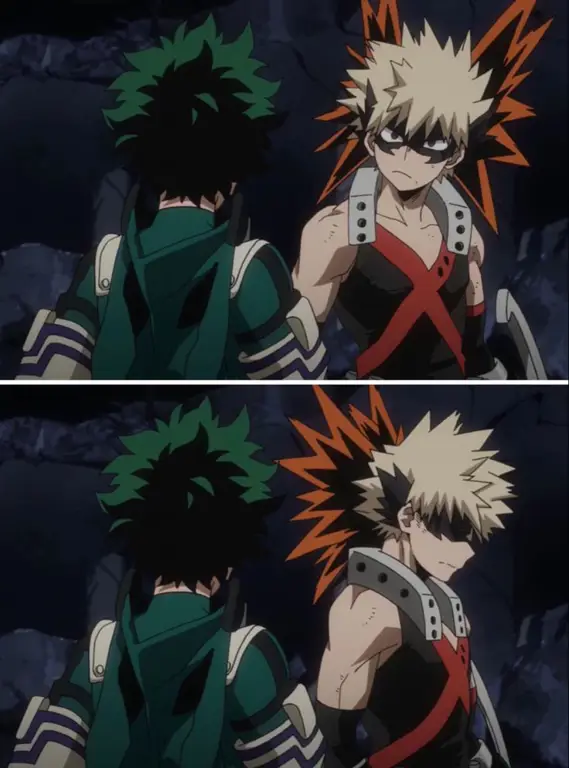 Gambar Midoriya Izuku dan Bakugo Katsuki, dua karakter utama dalam Boku no Hero Academia