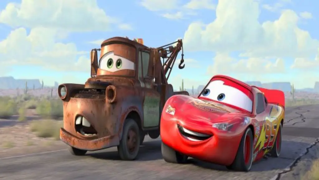 Lightning McQueen dan Mater dalam sebuah adegan film Cars