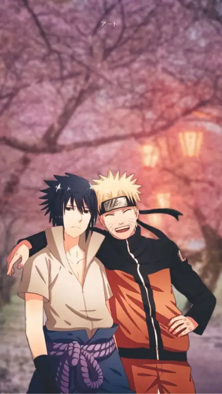 Persahabatan Naruto dan Sasuke Naruto dan Sasuke menunjukkan persahabatan mereka yang terjalin kembali setelah pertempuran sengit.